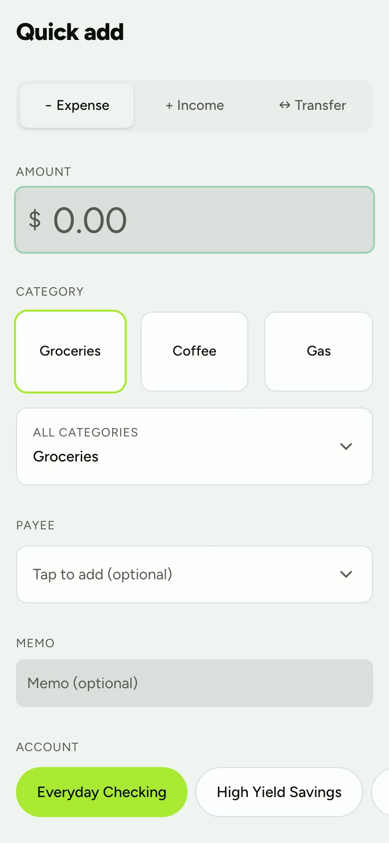 Zero's quick add screen on a phone