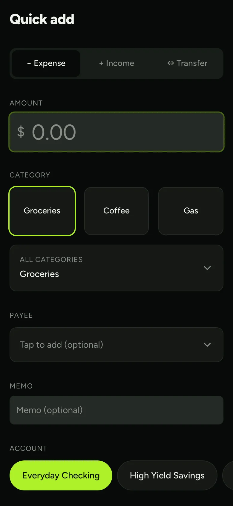 Zero's quick add screen on a phone