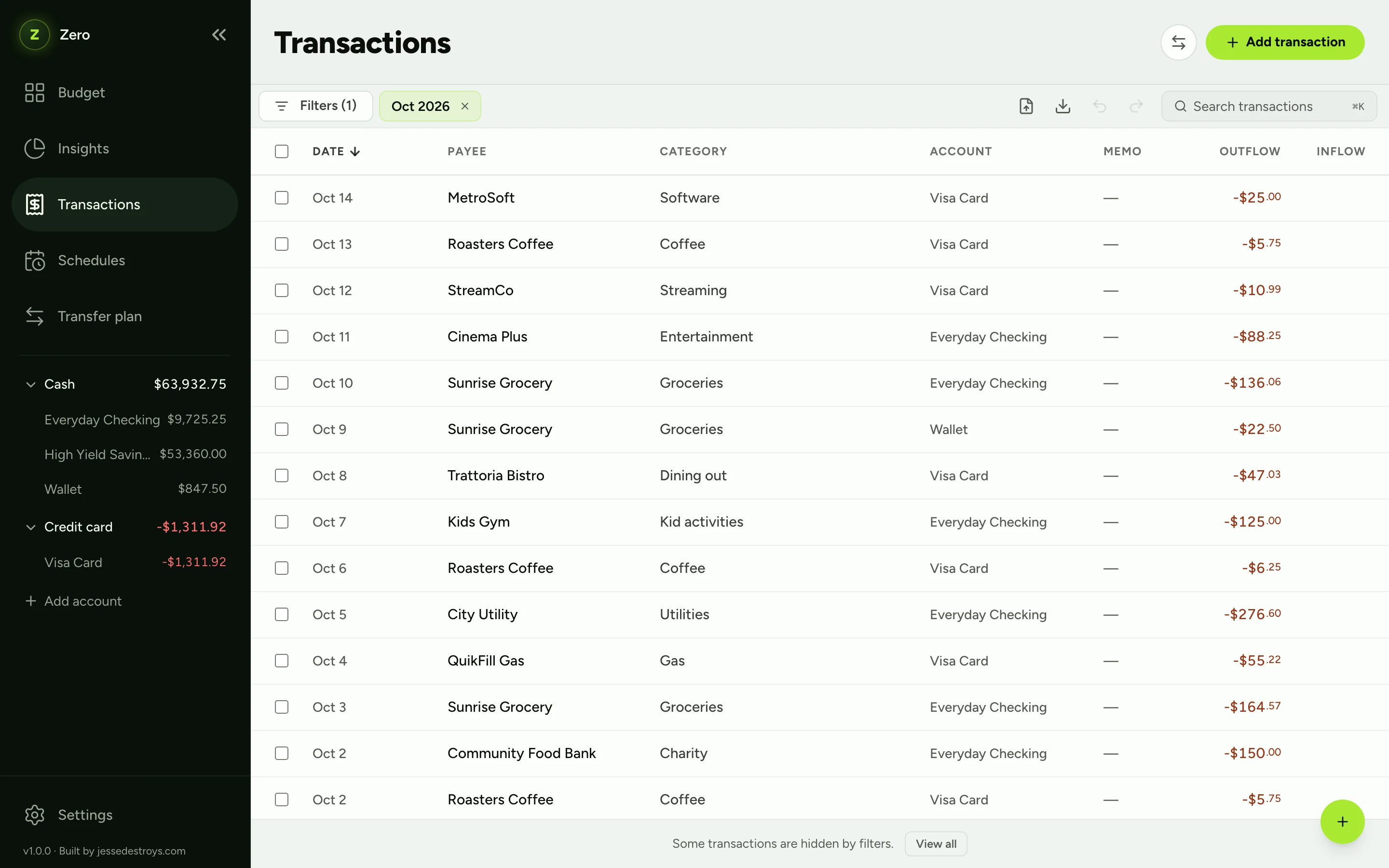 Zero's transactions ledger across all accounts