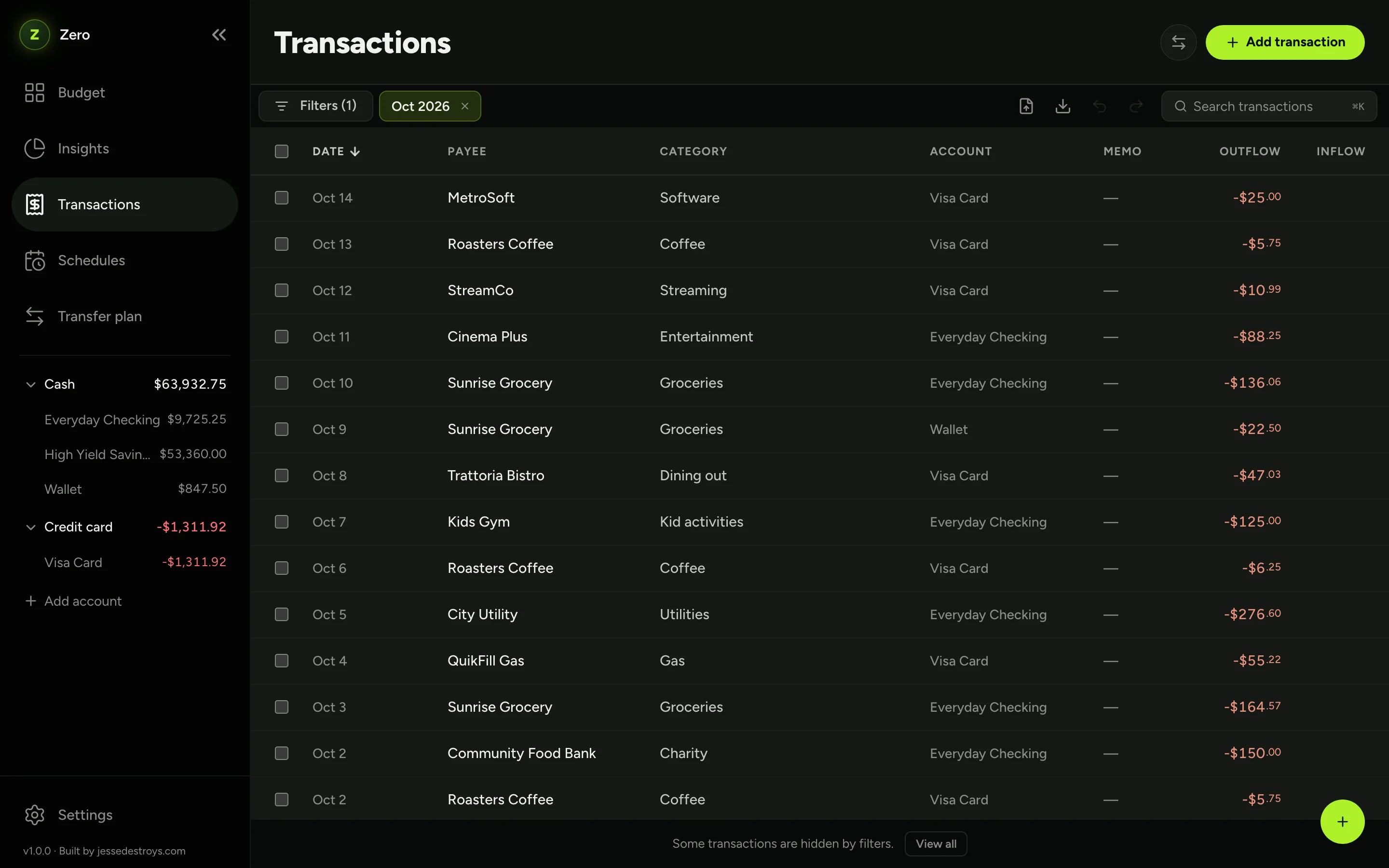 Zero's transactions ledger across all accounts