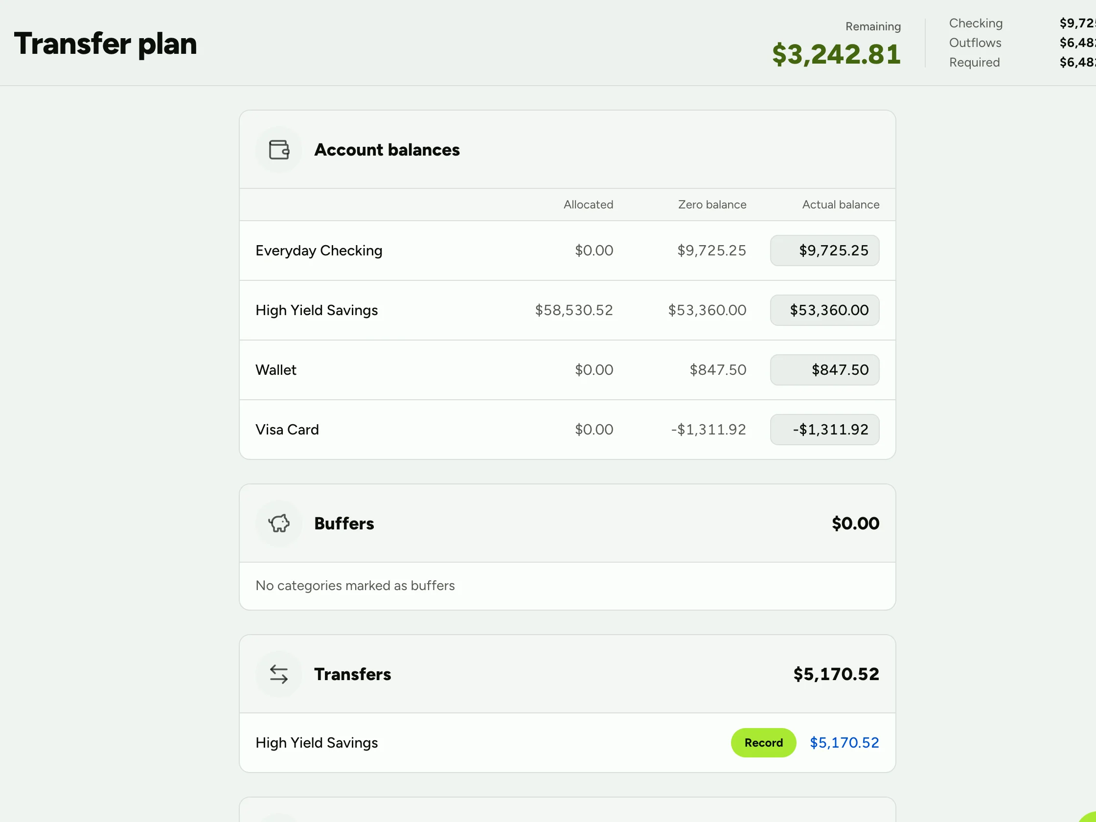 Transfer plan with savings transfers, card payments and buffers