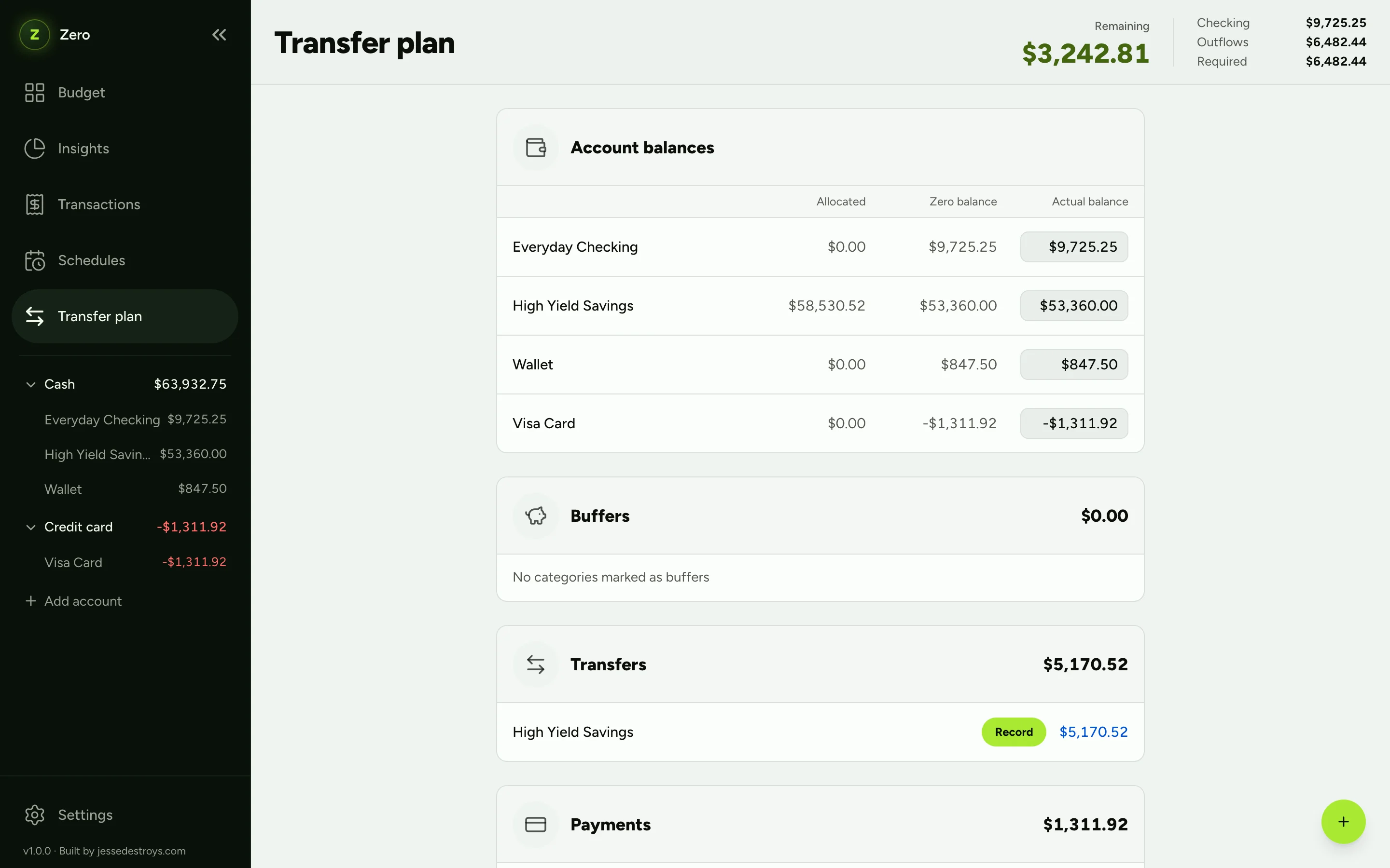 Zero's transfer plan listing the moves to make between accounts