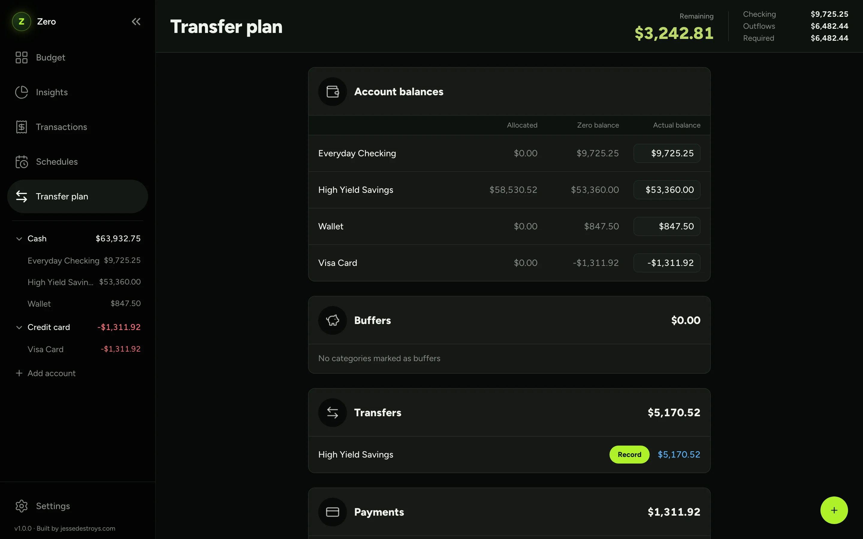 Zero's transfer plan listing the moves to make between accounts